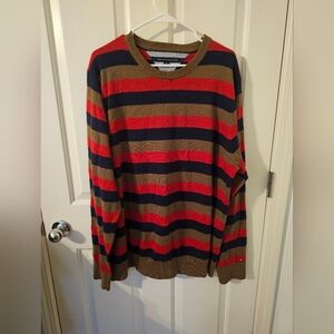 TOMMY HILFIGER Men's Long Sleeve Striped Crew Sweater Red Brown Blue XXLarge